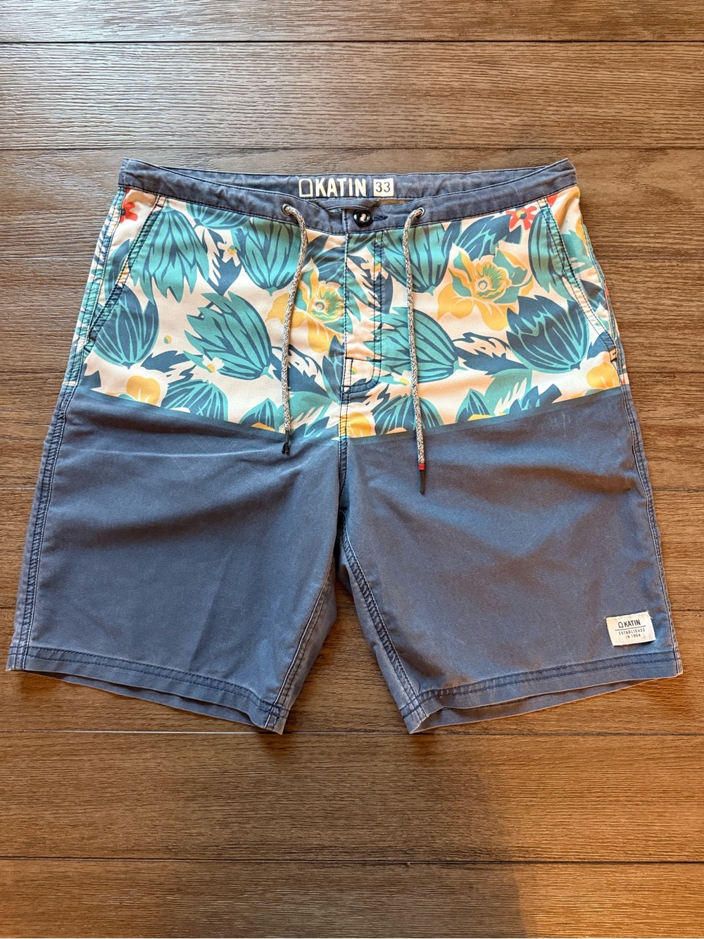 Katin Men's Blue and Yellow Floral-Panel Swim Board Shorts